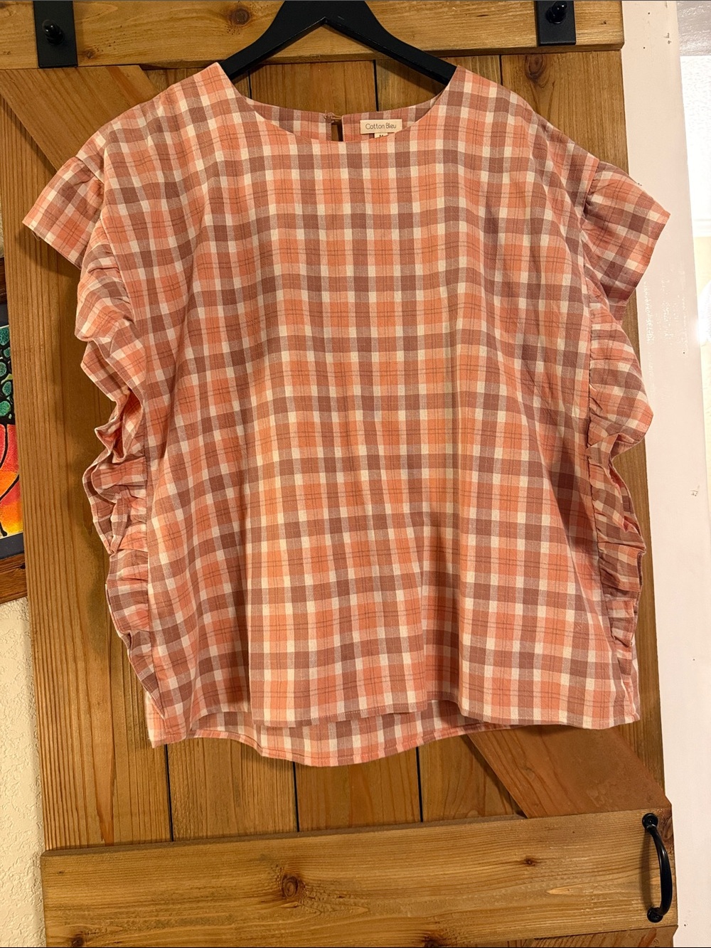 Cotton Bleu Ruffled Plaid Top in Tan and Peach